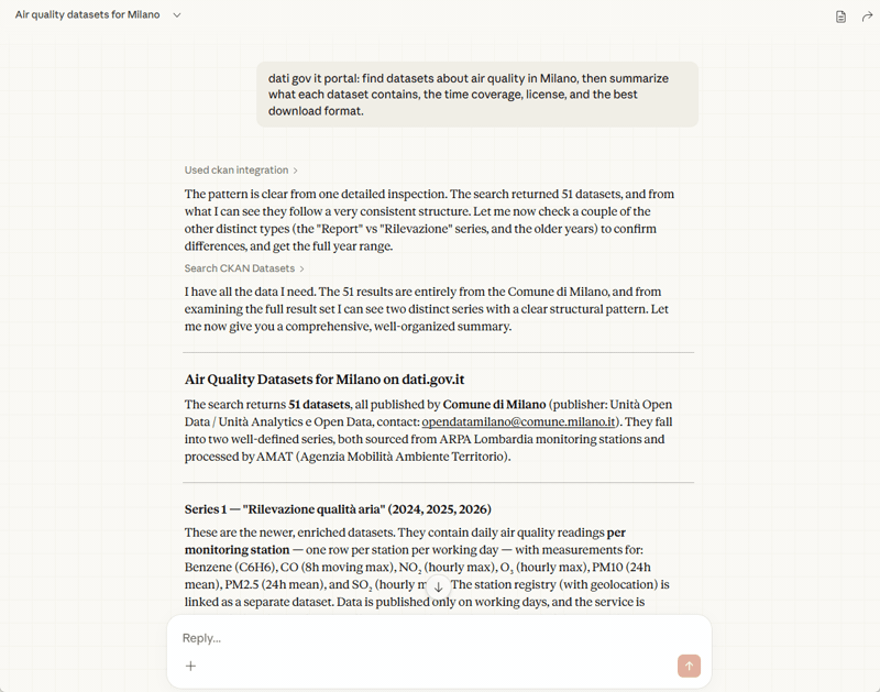 CKAN MCP Server demo — searching datasets through natural language