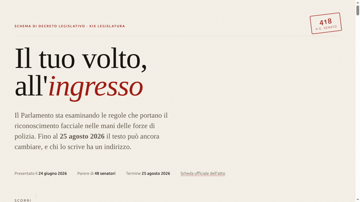 Riconoscimento facciale: scrivi ai 48 senatori entro il 25 agosto