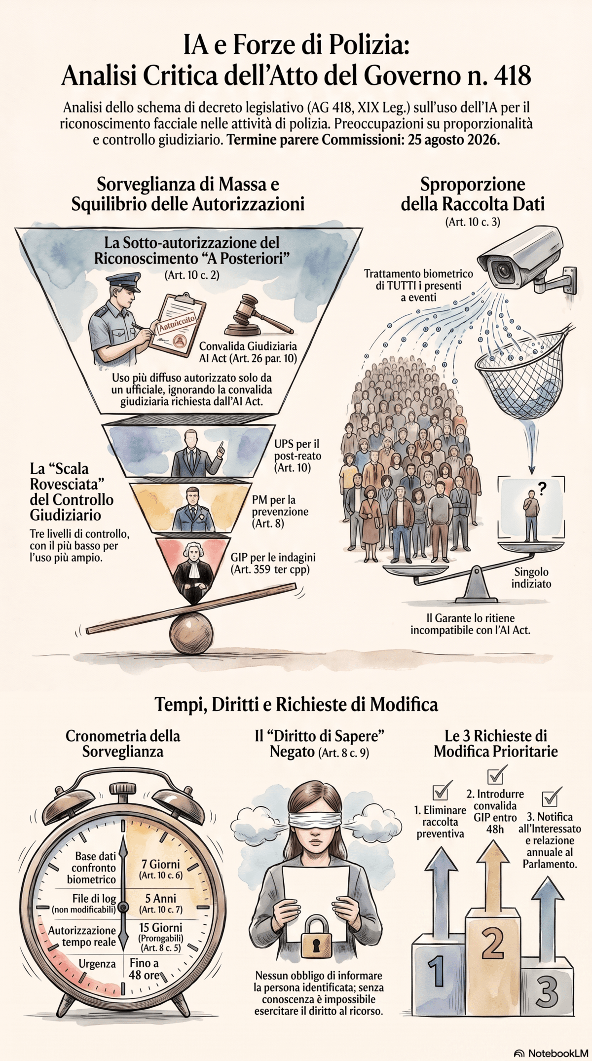 Infografica: analisi critica dell'Atto del Governo n. 418. Contiene la scala rovesciata delle autorizzazioni (ufficiale di polizia per il riconoscimento a posteriori, pubblico ministero per il tempo reale in prevenzione, giudice per le indagini), la sproporzione fra la raccolta biometrica di tutti i presenti e il singolo indiziato, i tempi di conservazione (sette giorni per la base di confronto, cinque anni per i log, quindici giorni prorogabili per le autorizzazioni, fino a quarantotto ore in urgenza), il diritto di sapere negato dall'articolo 8 comma 9 e le tre richieste di modifica.